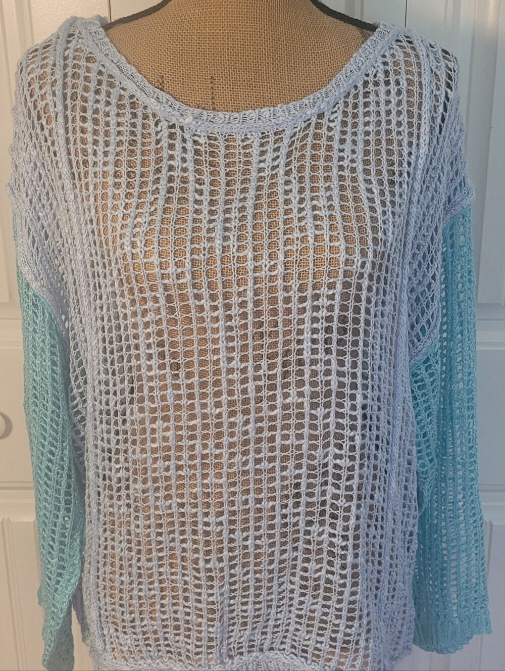 POL Crochet Open-Knit Beach Sweater, NWOT, S(Runs BIG), Pastel Blue/Green